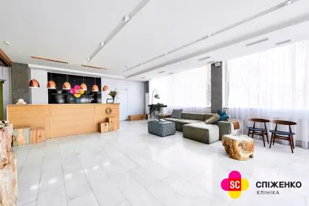 Área de recepción en Spizhenko Clinic Kyiv con sala moderna y decoración de madera natural