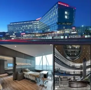 Fachada moderna, habitación de paciente y vestíbulo espacioso en Memorial Hospital Estambul