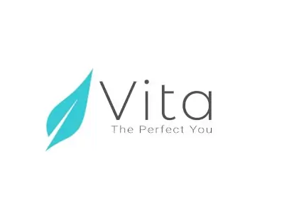 شعار عيادة Vita Estetic مع ورقة فيروزية وشعار The Perfect You