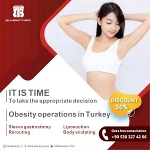 عرض ترويجي لجراحات السمنة في Bella Beauty Turkey مع تفاصيل التواصل والخصم