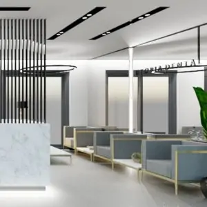منطقة انتظار حديثة في Utopia Dental Turkey بمقاعد أنيقة واستقبال