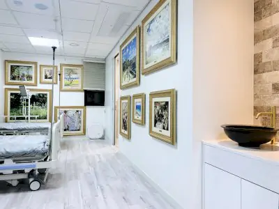 Habitación de pacientes en Nanoori Hospital con cuadros y cama médica moderna