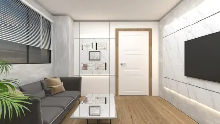 غرفة انتظار في Renova Style Clinic بديكور حديث وشهادات على الجدار