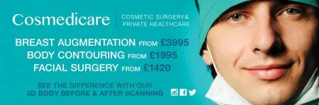 لافتة جراحة تجميلية في Cosmedicare Edinburgh مع جراح وأسعار العلاجات