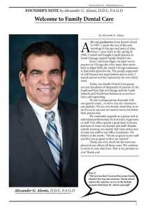 El fundador Alexander G. Alemis, D.D.S., en la página de bienvenida de Family Dental Care