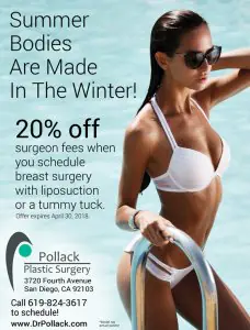 Cartel promocional de Pollack Plastic Surgery con mujer en bañador junto a la piscina