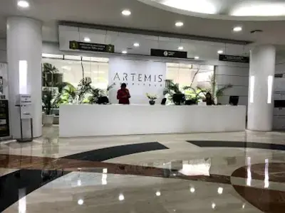 منطقة الاستقبال في مستشفى Artemis Gurgaon بتصميم حديث ونباتات خضراء