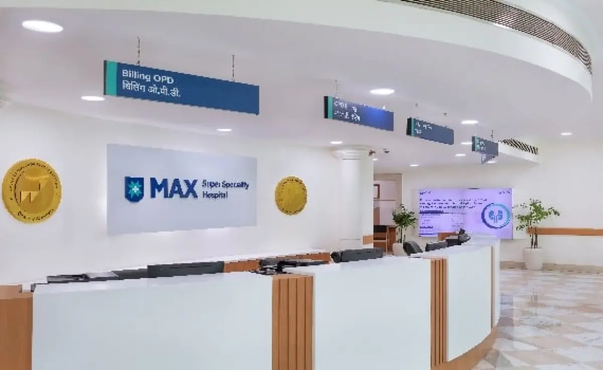 Reception area at Max Smart Super Speciality Hospital with modern design