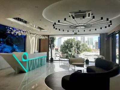 Recepción y sala de espera moderna en The Best Hair Clinic, Estambul