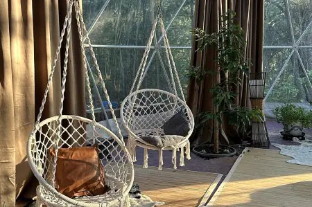 منطقة استرخاء بكراسي معلقة في Wisteria Wellness Retreat