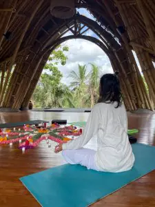 منطقة يوغا وتأمل في عيادة Essence of Wellness بديكور من الخيزران وإطلالة طبيعية