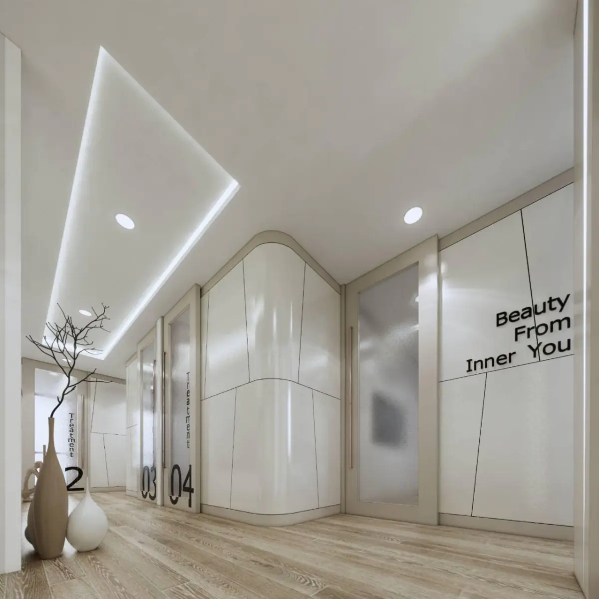 Modern hallway at Anjali Clinic with treatment room doors and minimalist decor