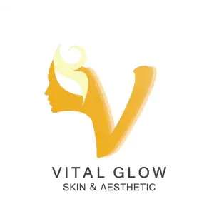شعار عيادة Vital Glow Skin & Aesthetic مع صورة وجه وحرف V
