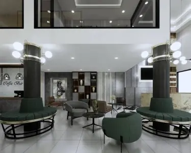 Área de espera moderna en Anjali Clinic con asientos y decoración elegante