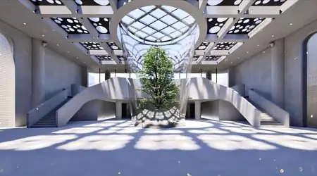 Vestíbulo espacioso del Hospital de Hematología Lu Daopei con atrio central y árbol interior