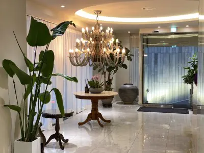Vestíbulo elegante en HERSHE Plastic Surgery Korea con lámpara de araña y decoración moderna