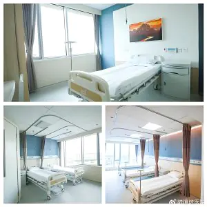 Habitaciones de pacientes en Lu Daopei Hematology Hospital, camas modernas y grandes ventanas