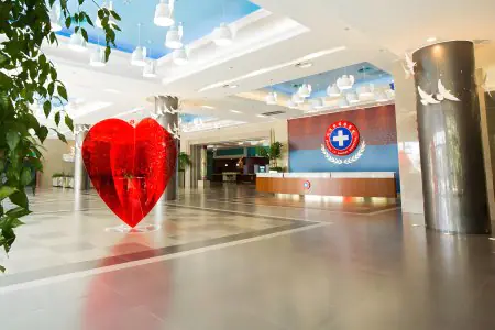 Área de recepción en Lu Daopei Hematology Hospital con decoración moderna y escultura de corazón