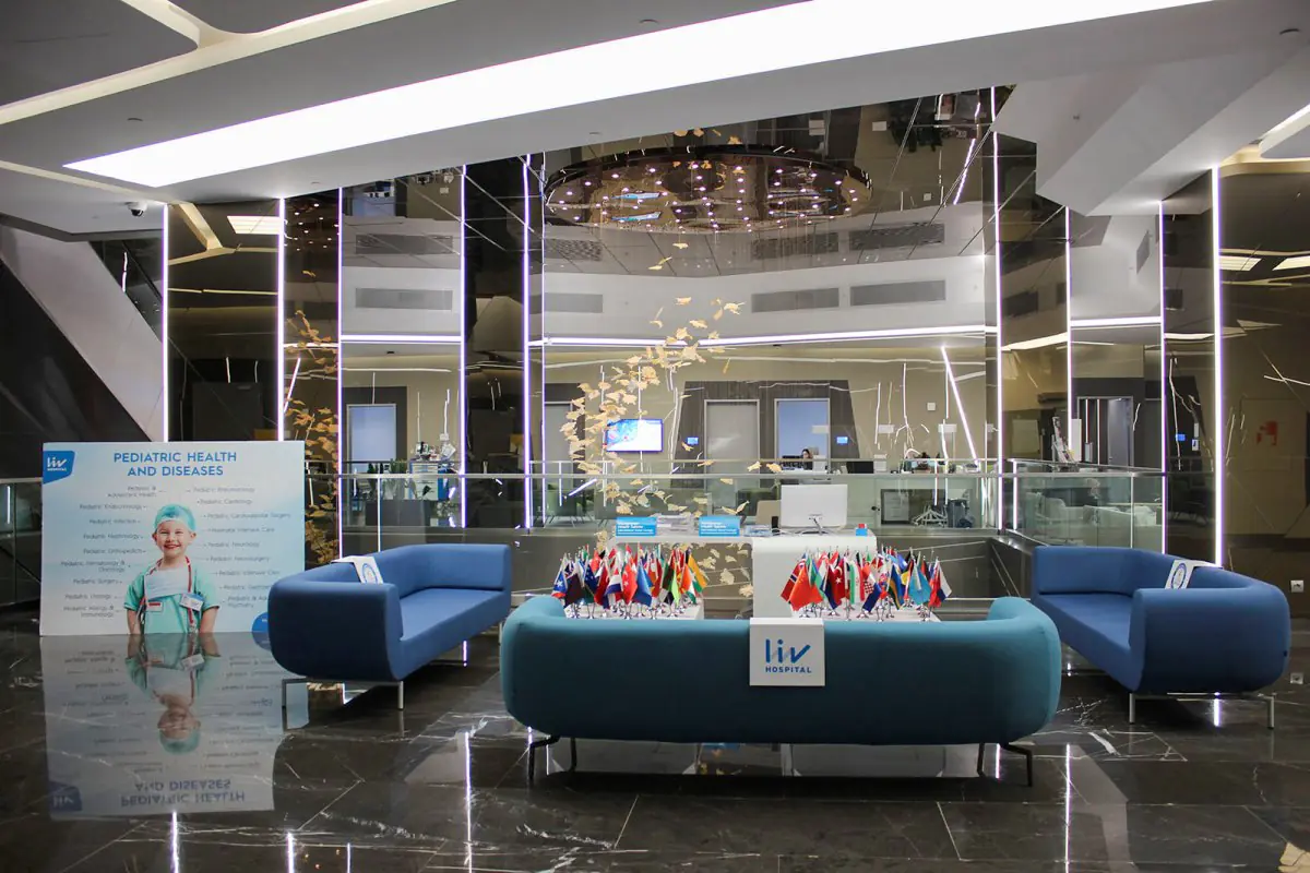 Reception area at Liv Hospital Vadistanbul with modern seating and international flags