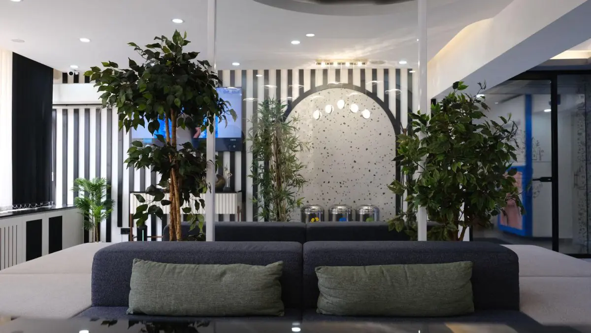 Modern waiting area at Dentfix Turkey Clinic with plants and stylish decor
