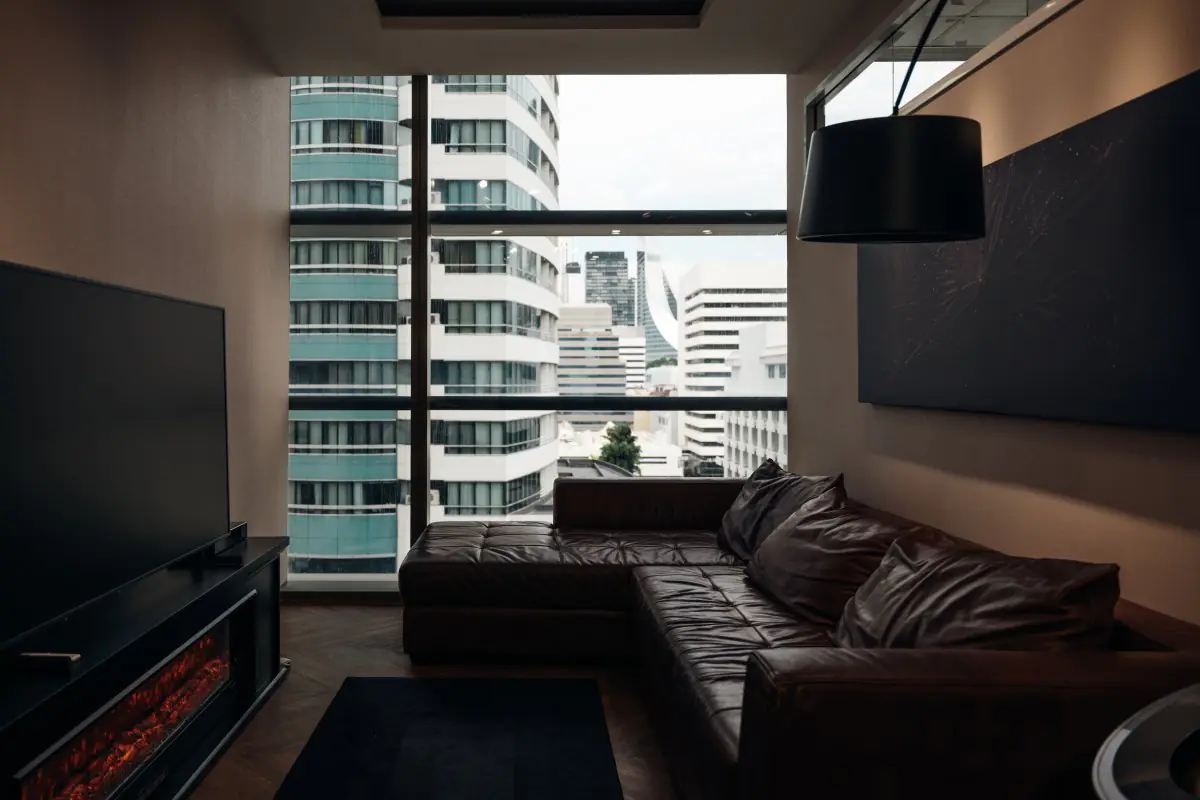 Patient lounge at PYONG Rehabilitation Group with city view and modern furnishings