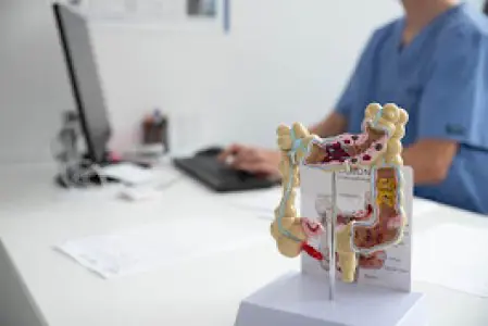 غرفة استشارة أمراض الجهاز الهضمي في عيادة Dr. GASTRO مع نموذج للجهاز الهضمي