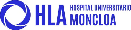 شعار مستشفى HLA Moncloa الجامعي باللونين الأزرق والأبيض