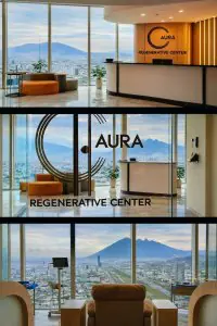 منطقة الاستقبال وصالة المرضى في مركز Aura Regenerative Center مع إطلالة بانورامية على المدينة