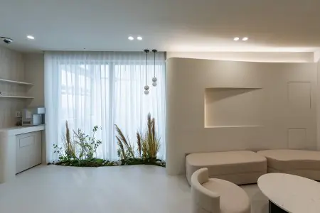 منطقة انتظار حديثة في عيادة Lalian Cheongdam بإضاءة طبيعية وديكور بسيط