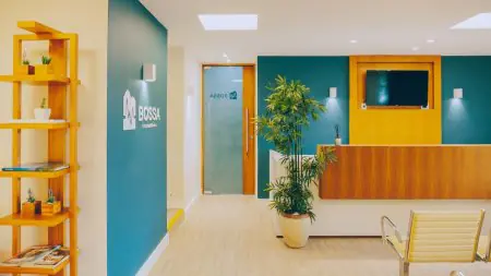 منطقة استقبال عيادة Bossa Consultórios بديكور حديث ونباتات داخلية