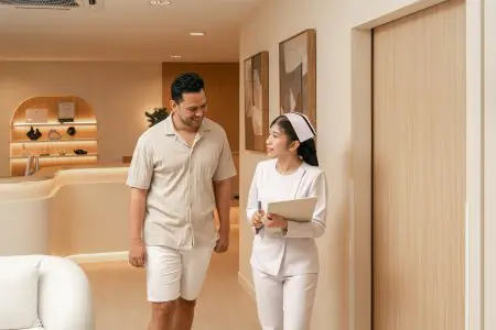 ممرضة تساعد مريضًا في منطقة استقبال عيادة EDNA Wellness الحديثة