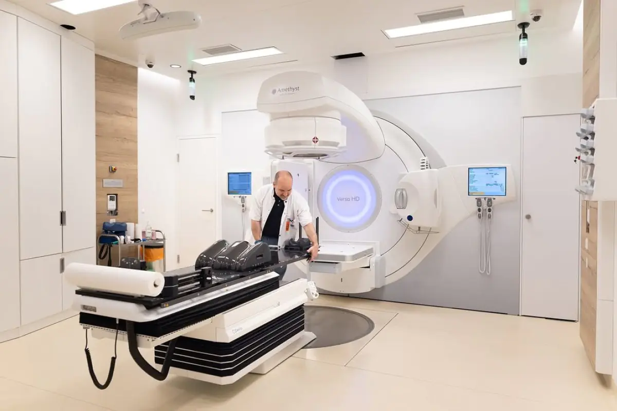Radiotherapy treatment room with Versa HD machine at Amethyst Radiotherapy Austria