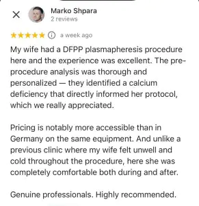 مراجعة مريض من خمس نجوم لإجراء فصل البلازما DFPP في عيادة DNTRIPLED Medical Services