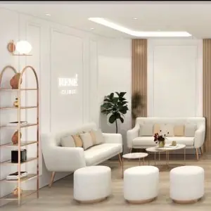 منطقة انتظار عصرية في René Clinic مع أرائك وديكور بسيط