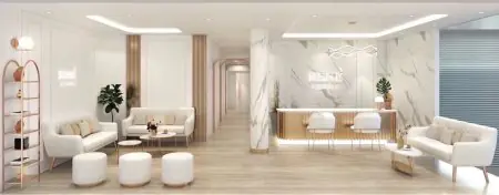 منطقة الاستقبال والانتظار في René Clinic بديكور عصري ولمسات رخامية