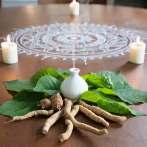 أعشاب الأيورفيدا والبخور على طاولة في عيادة Namasvi PM Ayurveda