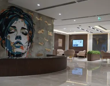Recepción moderna en Elyzee Hospital Dubái con mural artístico y sala de espera