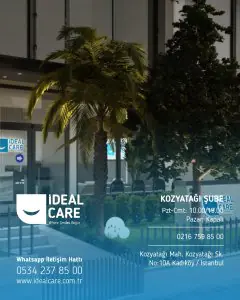 الواجهة الخارجية لعيادة IdealCare Dental Clinic في اسطنبول مع مدخل حديث ونخيل