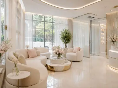 صالة استقبال في Bella Clinic Istanbul بديكور عصري ومقاعد مريحة