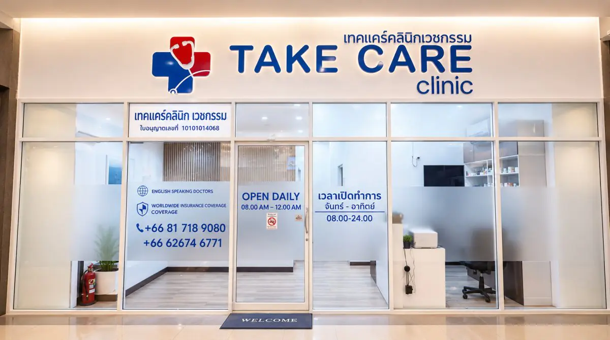 Fachada de la clínica Doctor Bangkok Takecare con entrada de vidrio en Bangkok, Tailandia