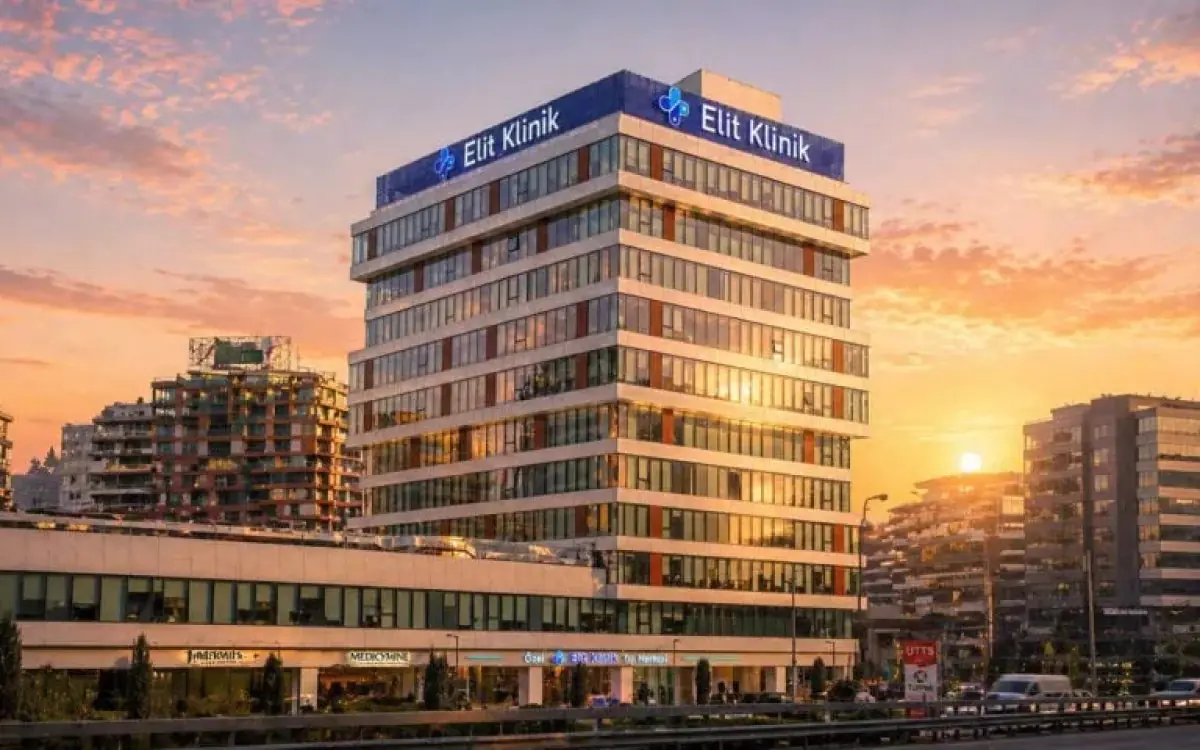 Elit Klinik modern clinic building exterior in Istanbul at sunset