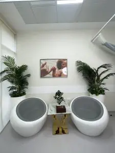 Área de espera moderna en Best Life Fertility Centre con sillas de diseño y plantas