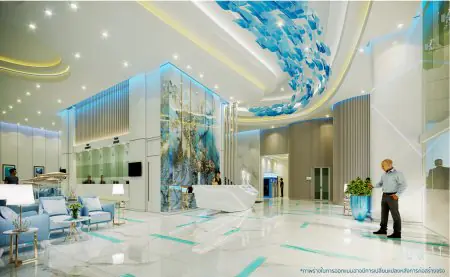 منطقة الاستقبال في مستشفى Pacific Garden بتصميم حديث ولمسات زرقاء