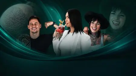 Promotional banner with three people, one flexing, one drinking, one smiling, on green background