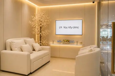 غرفة انتظار حديثة في عيادة Younify بمقاعد مريحة ومرطبات
