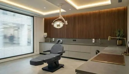 Sala de procedimientos moderna en la clínica Estenove Hair Transplant en Turquía con silla quirúrgica