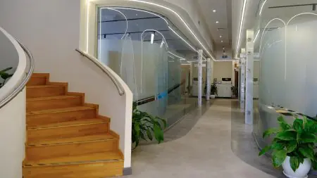 ممر وسلالم حديثة في Positive Dental Studio بجدران زجاجية ونباتات