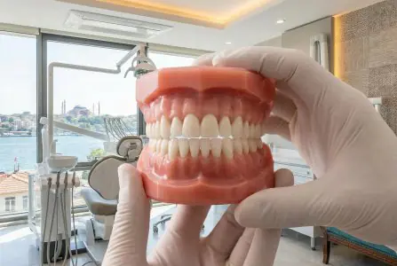 غرفة علاج الأسنان في Smile & Holiday Dental Clinic مع نموذج أسنان وإطلالة على المدينة