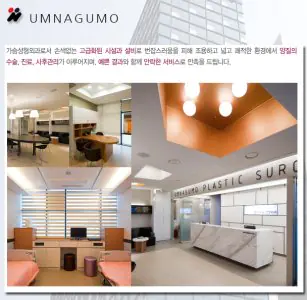 Recepción y habitaciones de pacientes en Umnagumo Plastic Surgery Clinic, interior moderno en Seúl