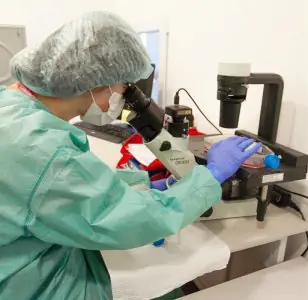 فني مختبر يفحص عينات تحت المجهر في عيادة BIOAGE